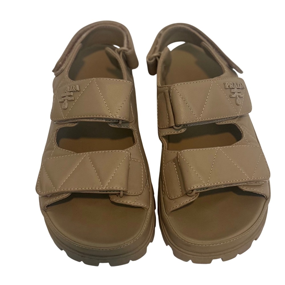 Prada Quilted Nappa Leather Platform Sandals Women 39 Beige Good Lug Sole